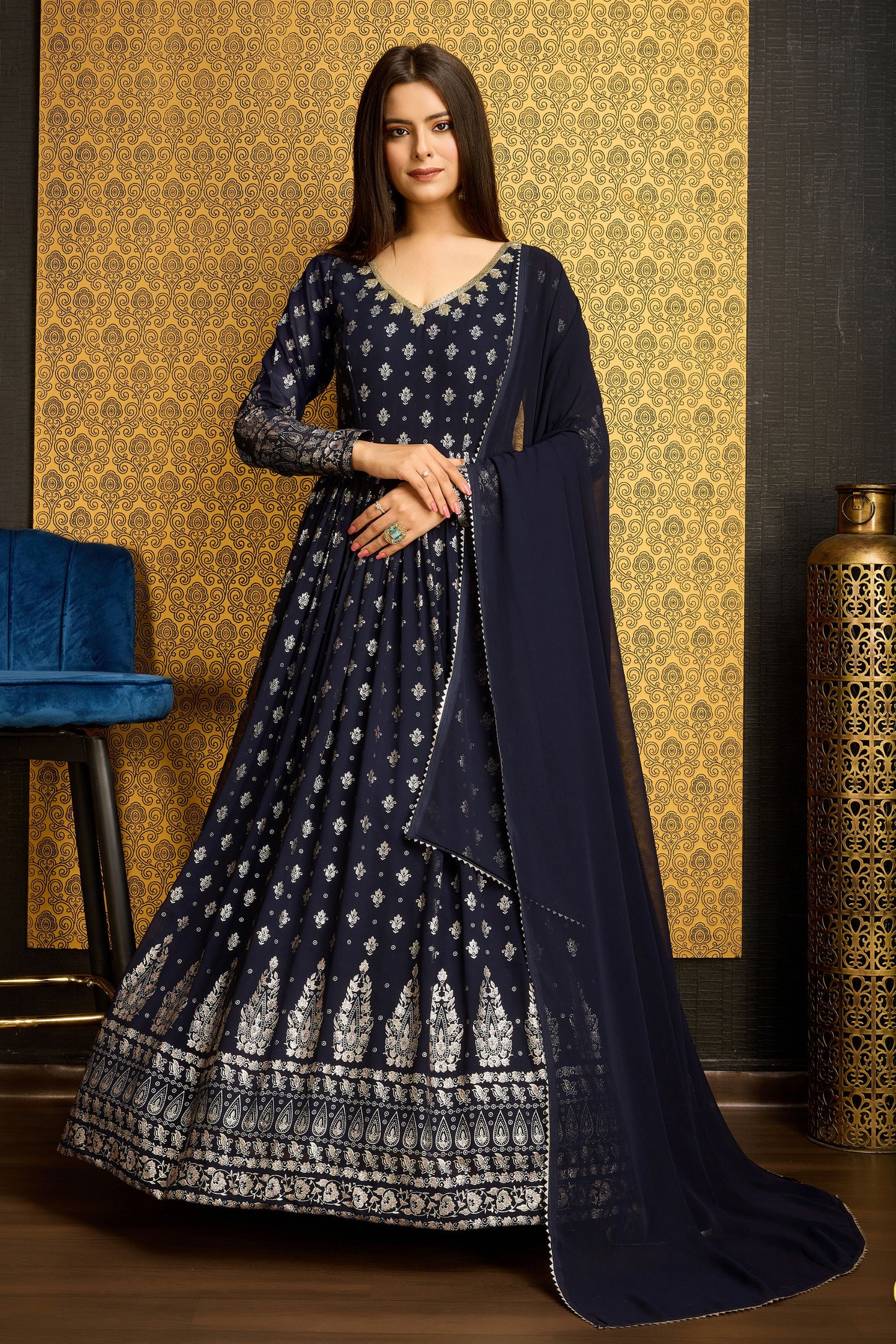 Navy Blue Georgette Anarkali Suit For Indian Festivals & Weddings - Metallic Foil Work