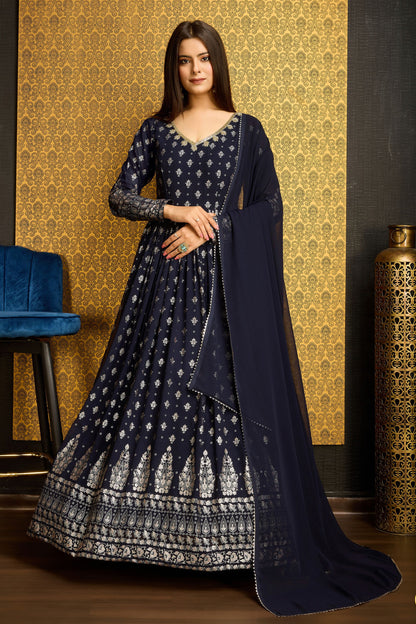 Navy Blue Georgette Anarkali Suit For Indian Festivals & Weddings - Metallic Foil Work