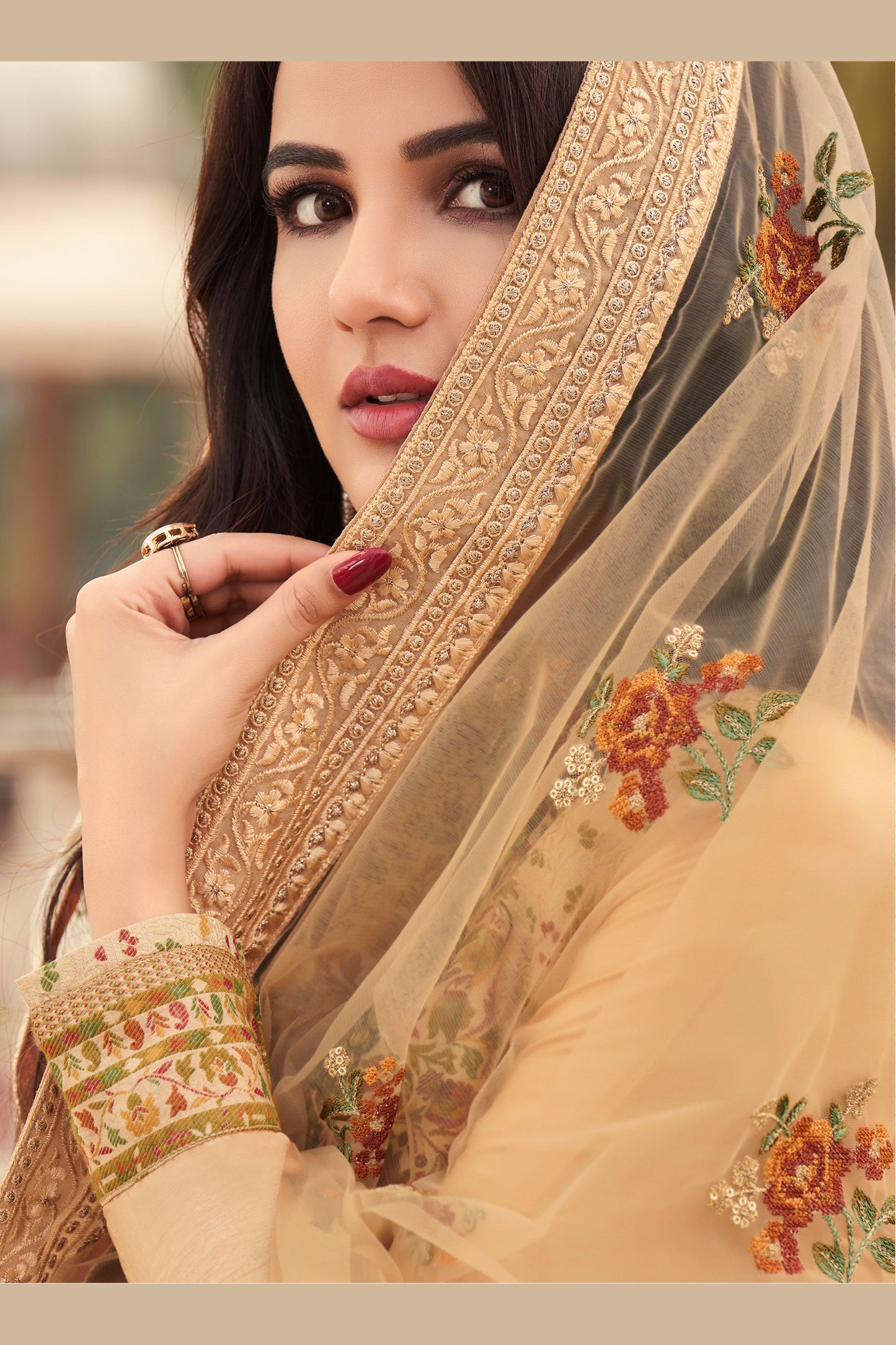 Beige Jacquard Kameez with Pant For Indian Suit Festivals & Pakistani Weddings - Embroidery Work