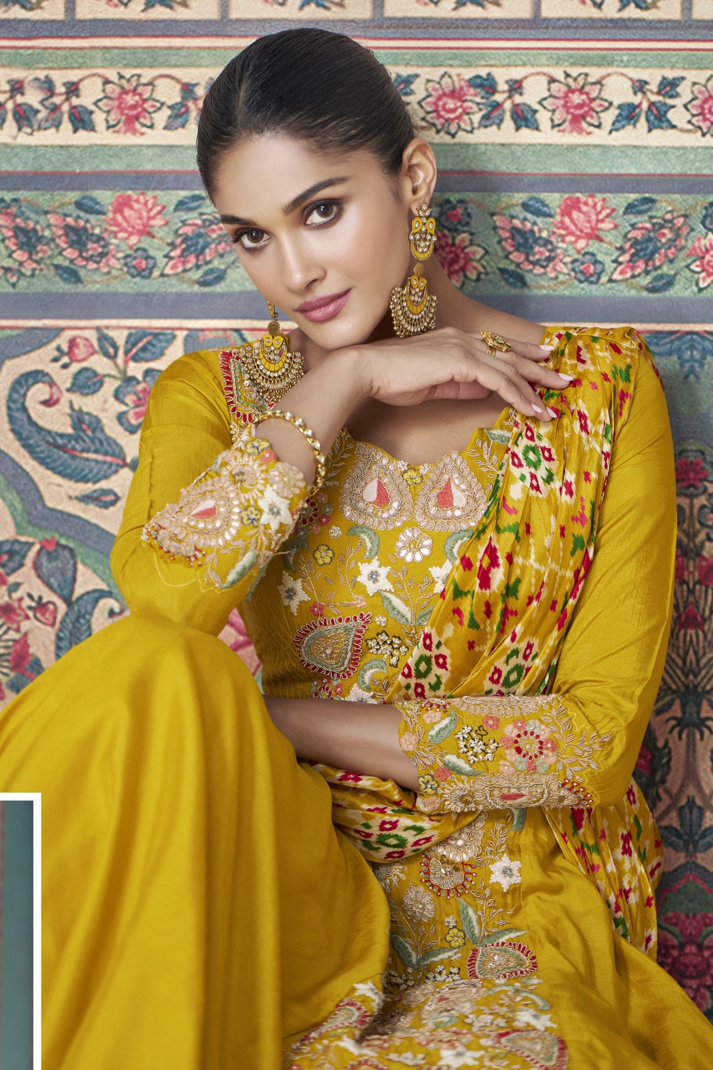 Yellow Chinon Silk Full Length Partywear Gown For Festivals & Weddings - Embroidery Work Copy