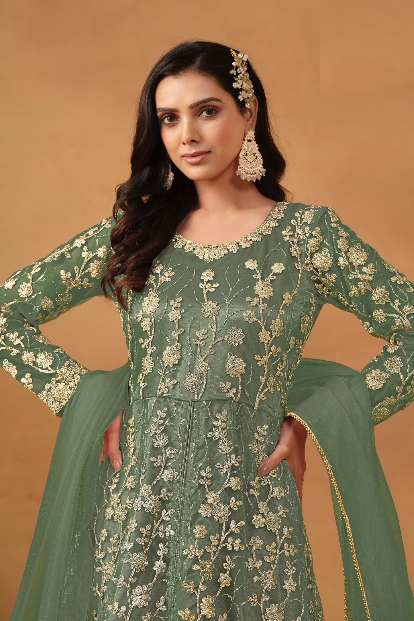 Green Net Full Floor Length Anarkali Dress with Front Slit For Indian Festivals & Weddings - Thread & Sequence Embroidery Work