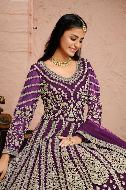 Purple Net Full Floor Length Anarkali Dress For Indian Festivals & Weddings - Embroidery Work