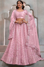 Baby Pink Net Lehenga Choli For Indian Festival & Weddings - Thread Embroidery Work, Sequence Embroidery Work