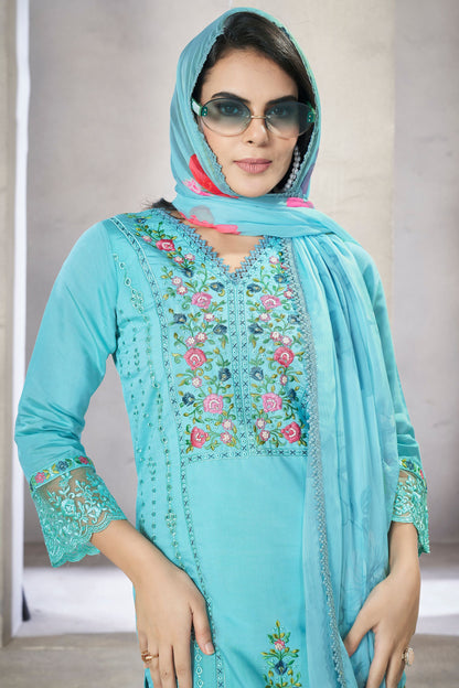 Sky Blue Viscose Silk Kameez with Pant Suit For Indian Festivals & Pakistani Weddings - Embroidery Work. Print Work