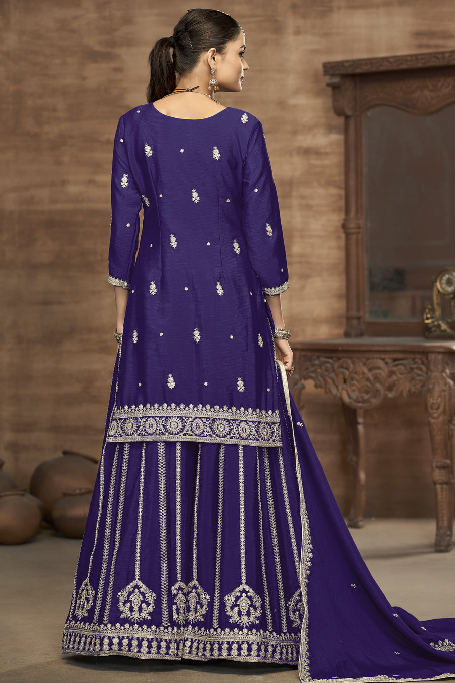 Royal Blue Chinon Silk Palazzo Suit For Indian Wedding & Pakistani Festival - Embroidery Work
