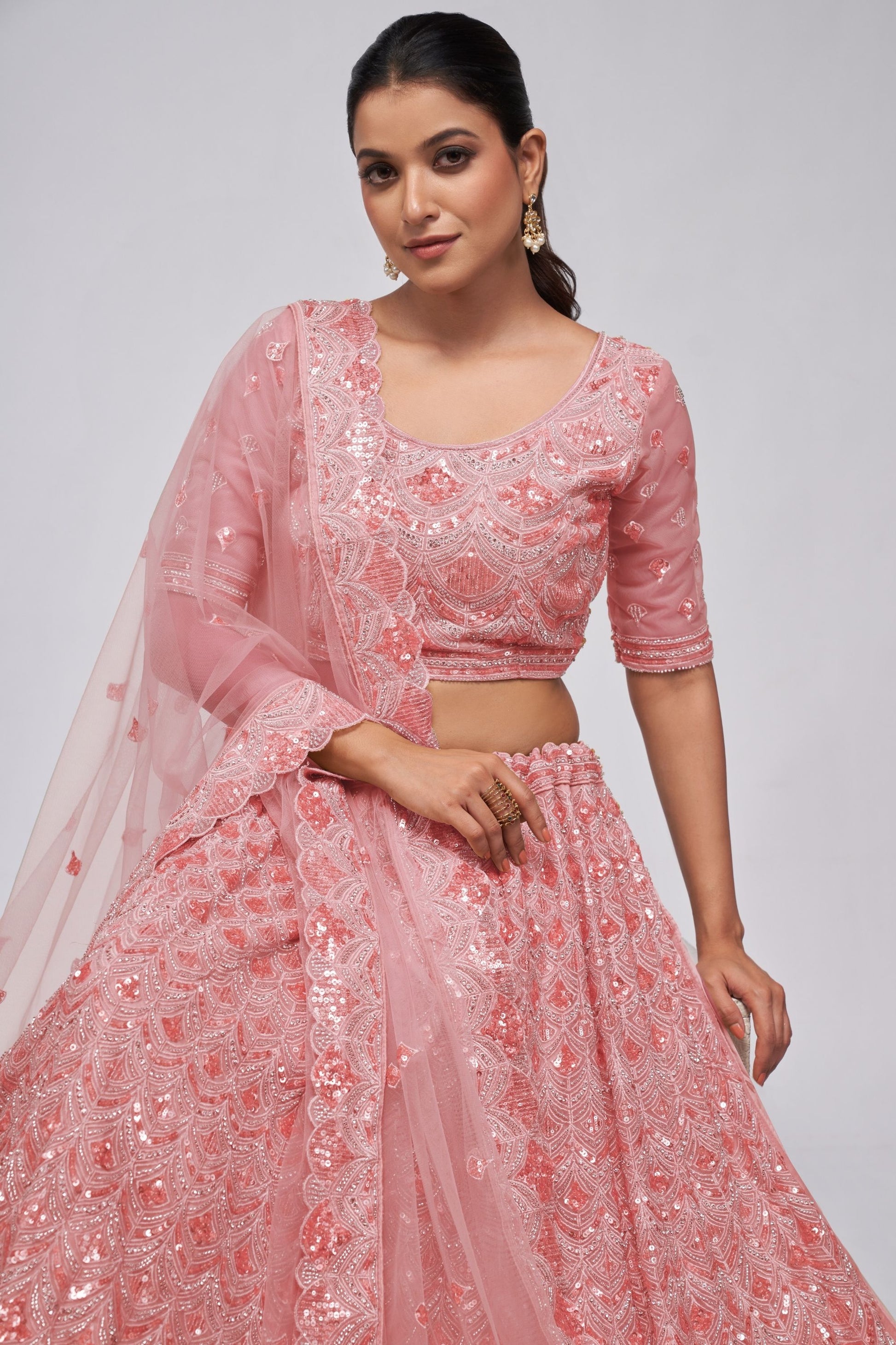 Odette Pink Soft Net Lehenga Choli For Indian Festivals & Weddings - Sequins Work, Bead Work, Zarkan Work