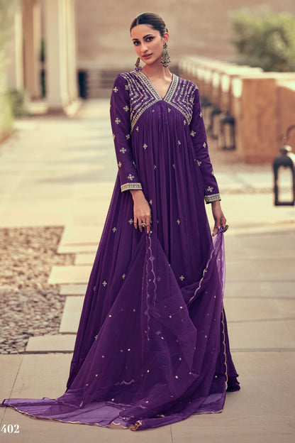 Purple Silk Georgette Floor Full Length Embroidered Anarkali Gown For Indian Festivals & Pakistani Weddings - Embroidery Work