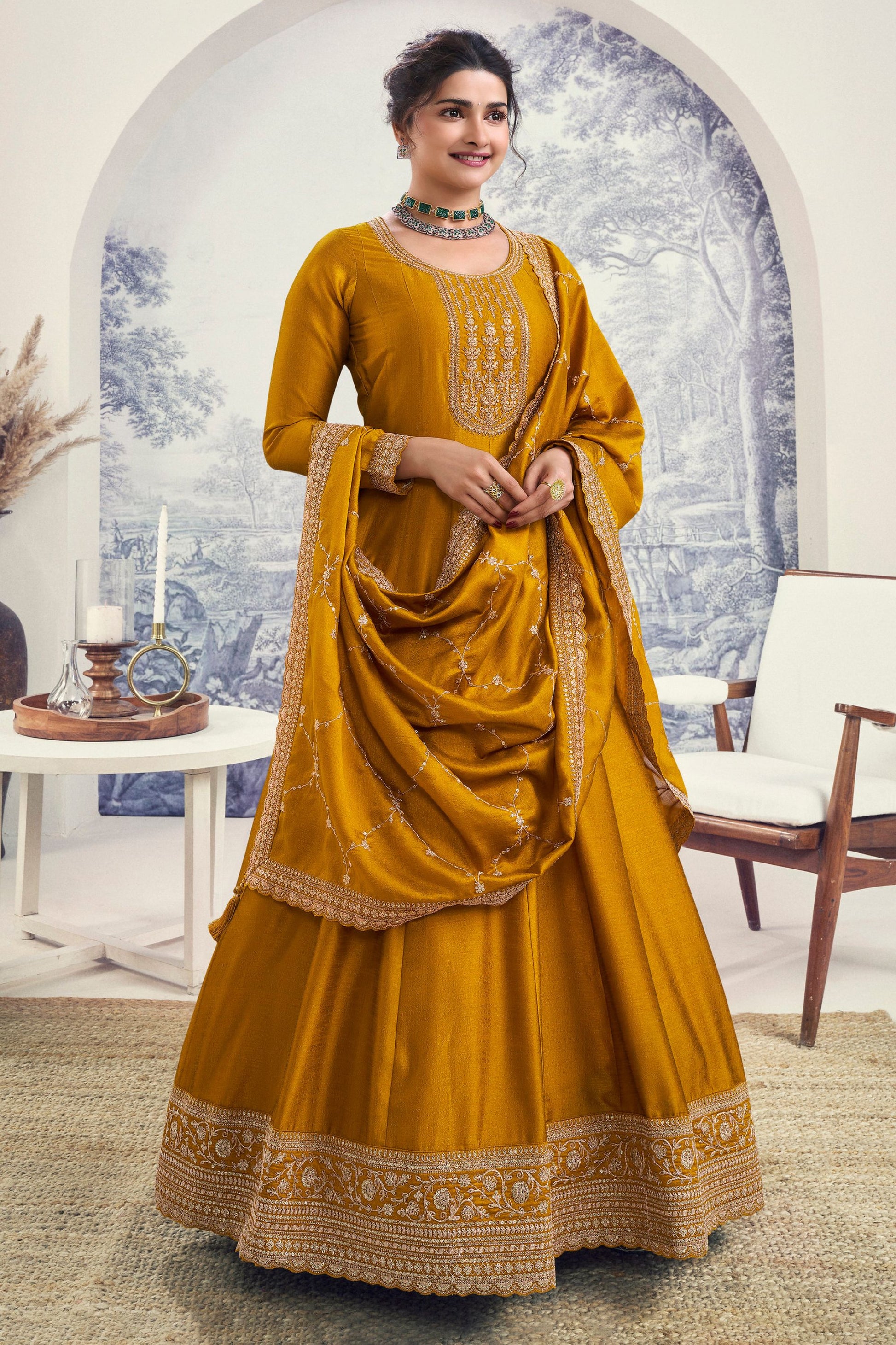 Golden Georgette Silk Floor Length Long Anarkali Suit For Indian Festivals & Pakistani Weddings Dress - Embroidery Work