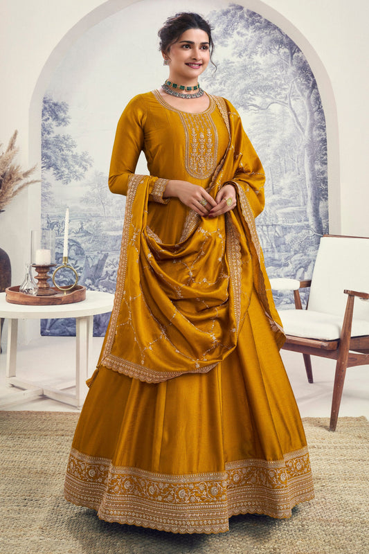 Golden Georgette Silk Floor Length Long Anarkali Suit For Indian Festivals & Pakistani Weddings Dress - Embroidery Work