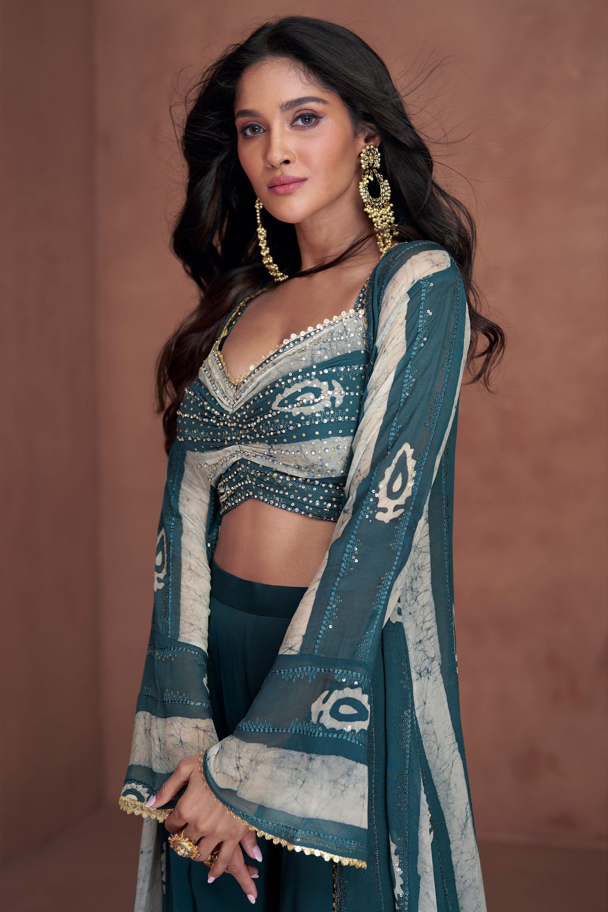 Teal Georgette Lehenga Choli with Koti For Pakistani Wedding & Indian Festival - Embroidery Work