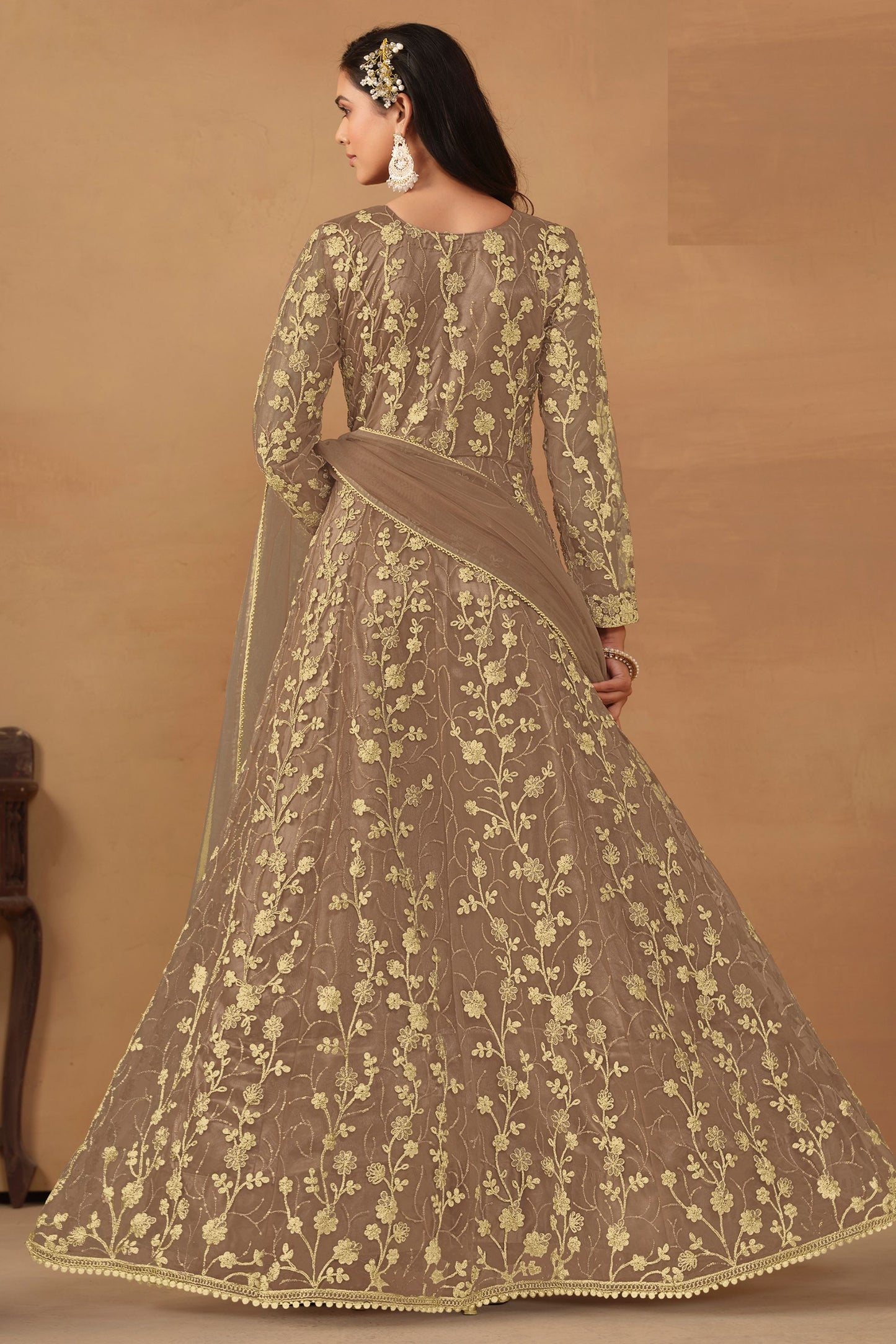 Light Brown Net Full Length Anarkali Dress with Front Slit For Indian Festivals & Weddings - Thread & Sequence Embroidery Work