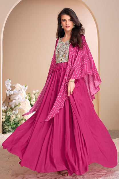 Pink Chinon Silk Anarkali Gown For Indian Festivals & Pakistani Weddings Dress - Embroidery Work, Print Work