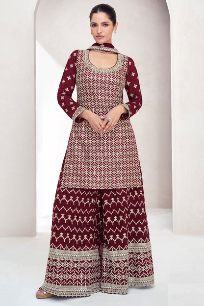 Maroon Chinon Silk Plazo Suit For Wedding & Festival - Embroidery Work