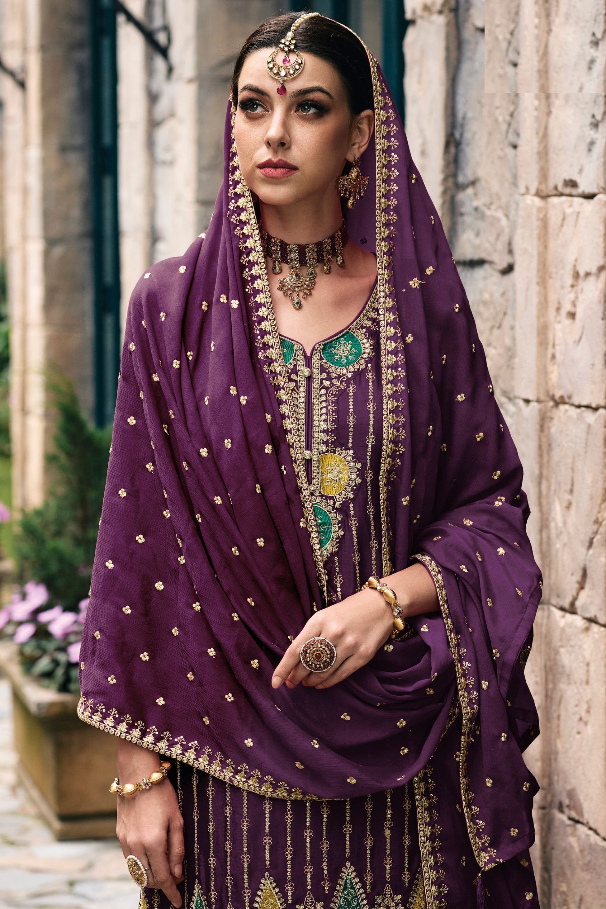 Purple Chinon Silk Kameez with Plazzo And Dupatta For Indian Suit Festivals & Pakistani Weddings - Embroidery Work