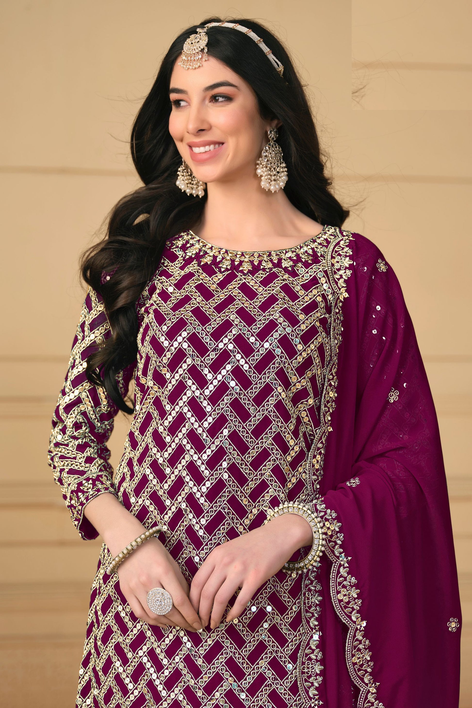 Maroon Georgette Sharara Suit Dress For Indian Festivals & Weddings - Embroidery Work