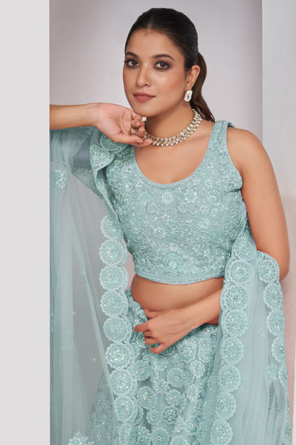 Light Blue Soft Net Lehenga Choli For Indian Festivals & Weddings - Sequins Work, Dori Work, Zarkan Work, Thread Work