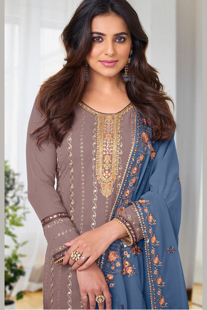 Grey Chinon & Georgette Silk Kameez with Pant For Indian Suit Festivals & Pakistani Weddings - Embroidery Work