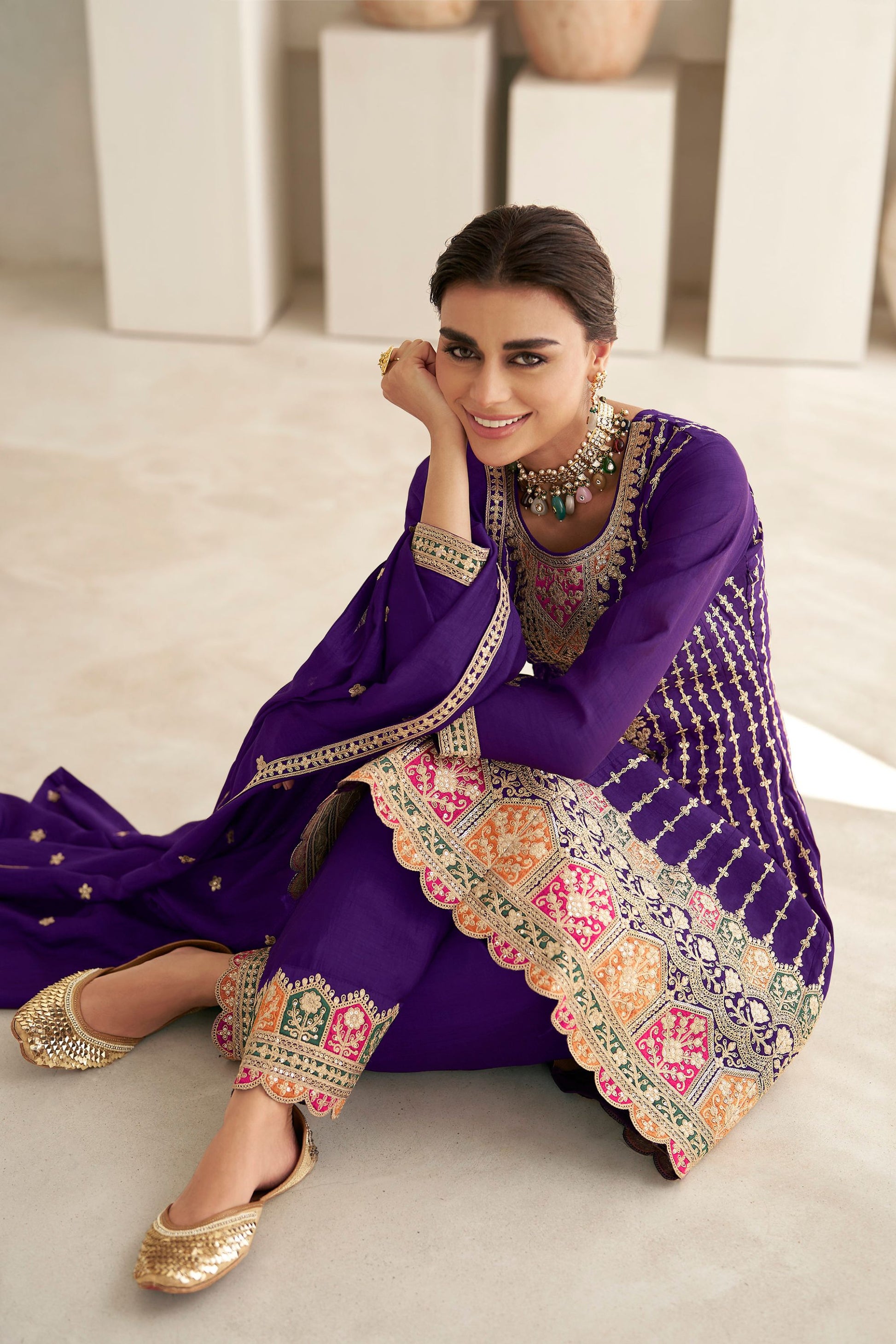 Purple Pakistani Silk Salwar Kameez with Pant For Indian Festivals & Weddings - Thread Embroidery Work