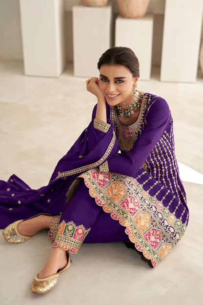 Purple Pakistani Silk Salwar Kameez with Pant For Indian Festivals & Weddings - Thread Embroidery Work