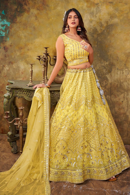 Yellow Net Lehenga Choli For Indian Festivals & Weddings - Thread Embroidery Work, Sequence Embroidery Work