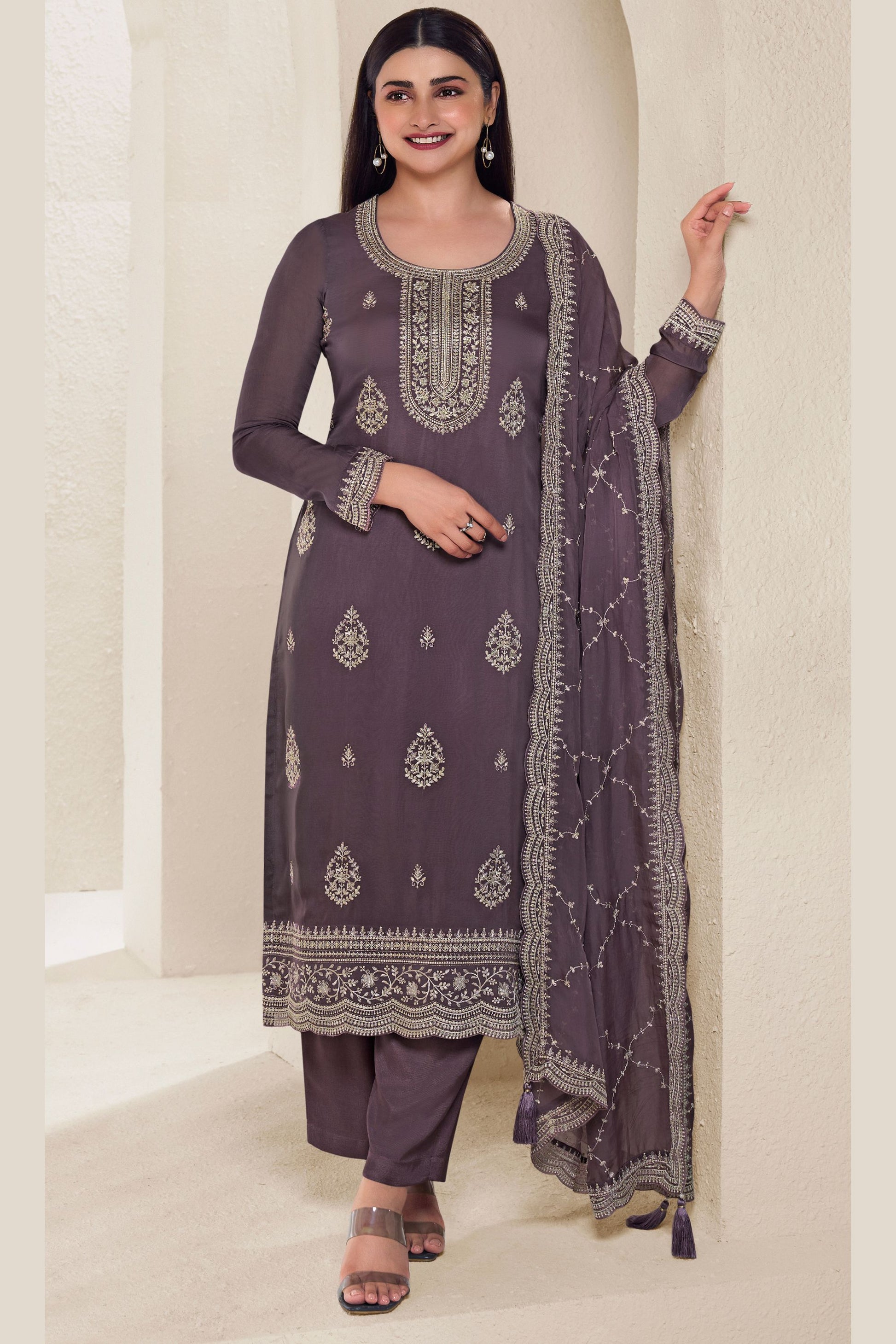 Grey Organza Kameez with Pant For Indian Suit Festivals & Weddings - Thread Embroidery Work