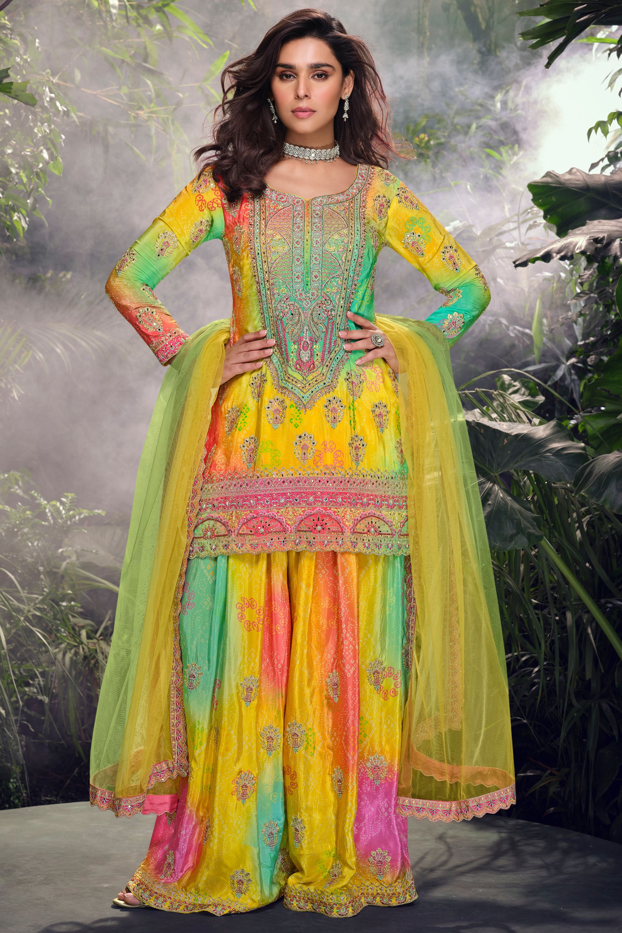 Yellow Chinon Silk Plazo Suits for Indian Festival & Pakistani Wedding - Embroidery Work