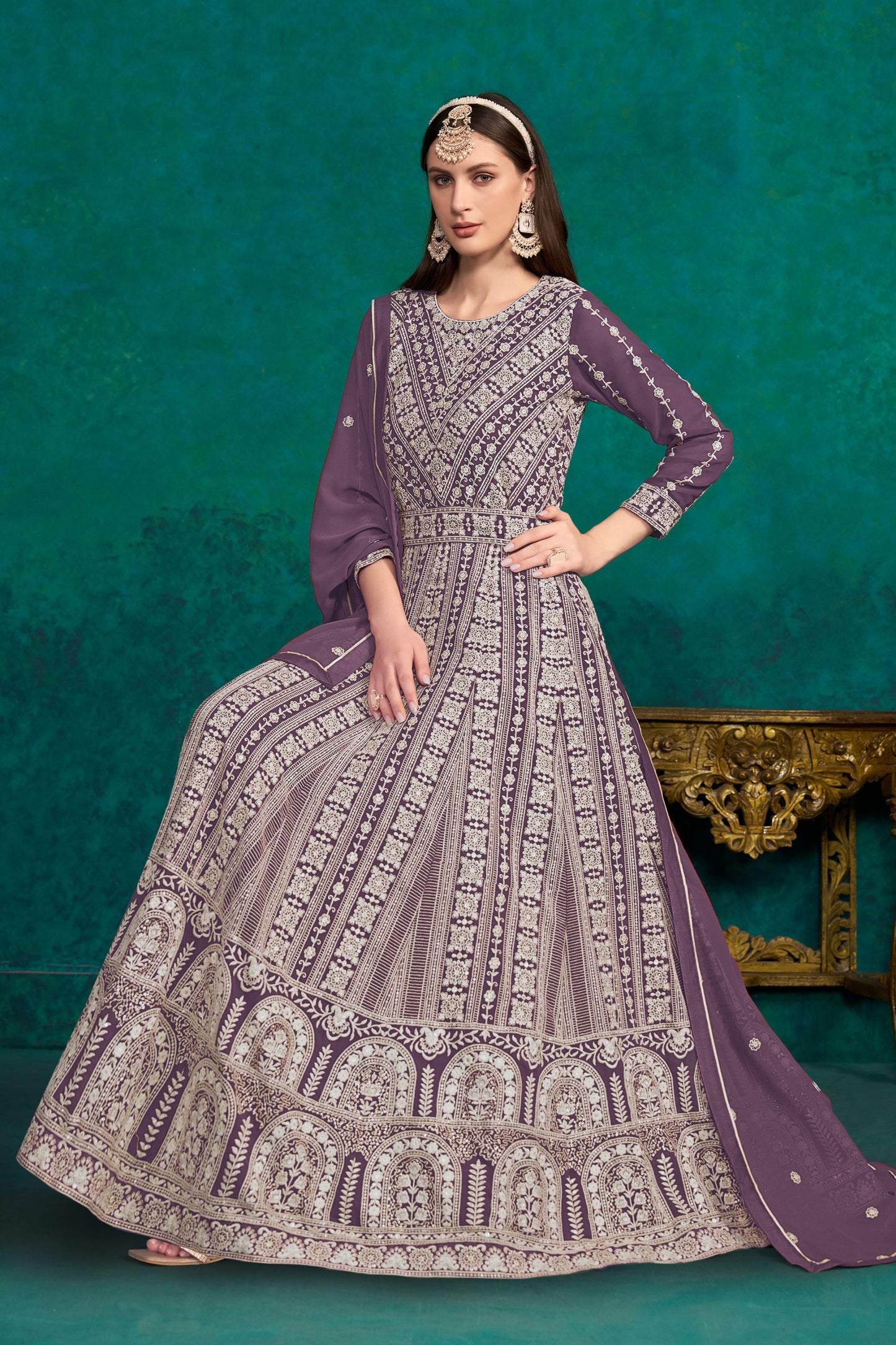 Purple Georgette Full Floor Length Anarkali Dress For Indian Festivals & Weddings - Lucknowi Work