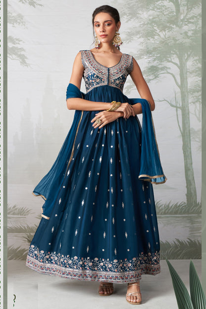 Teal Blue Georgette Anarkali Gown For Indian Festivals & Weddings - Thread Embroidery Work, Zari Work, Seqeuence Embroidery Work