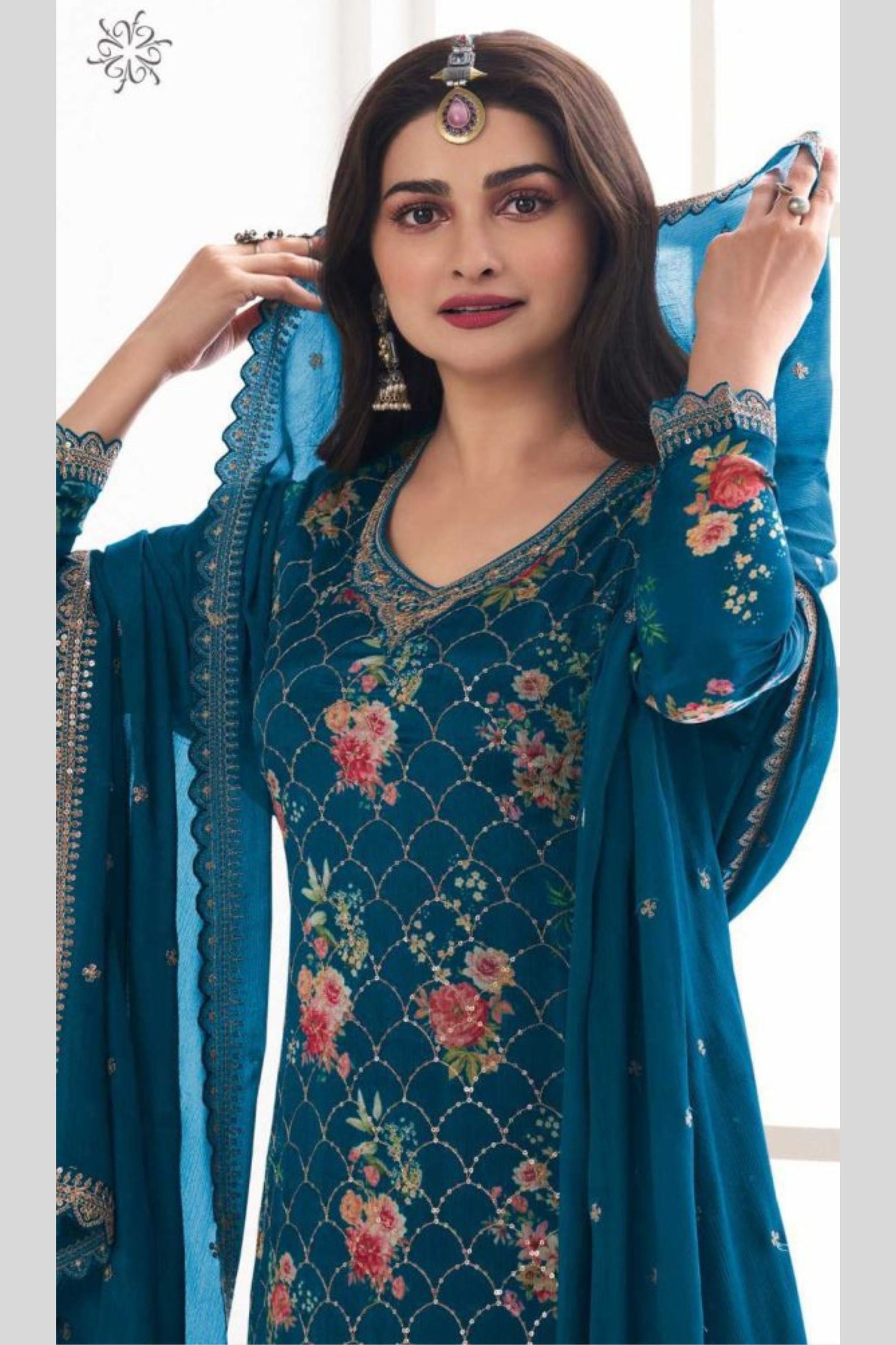 Teal Blue Chinon Silk Floral Plazo Suit For Indian Festivals & Pakistani Weddings Dress - Embroidery Work, Print Work