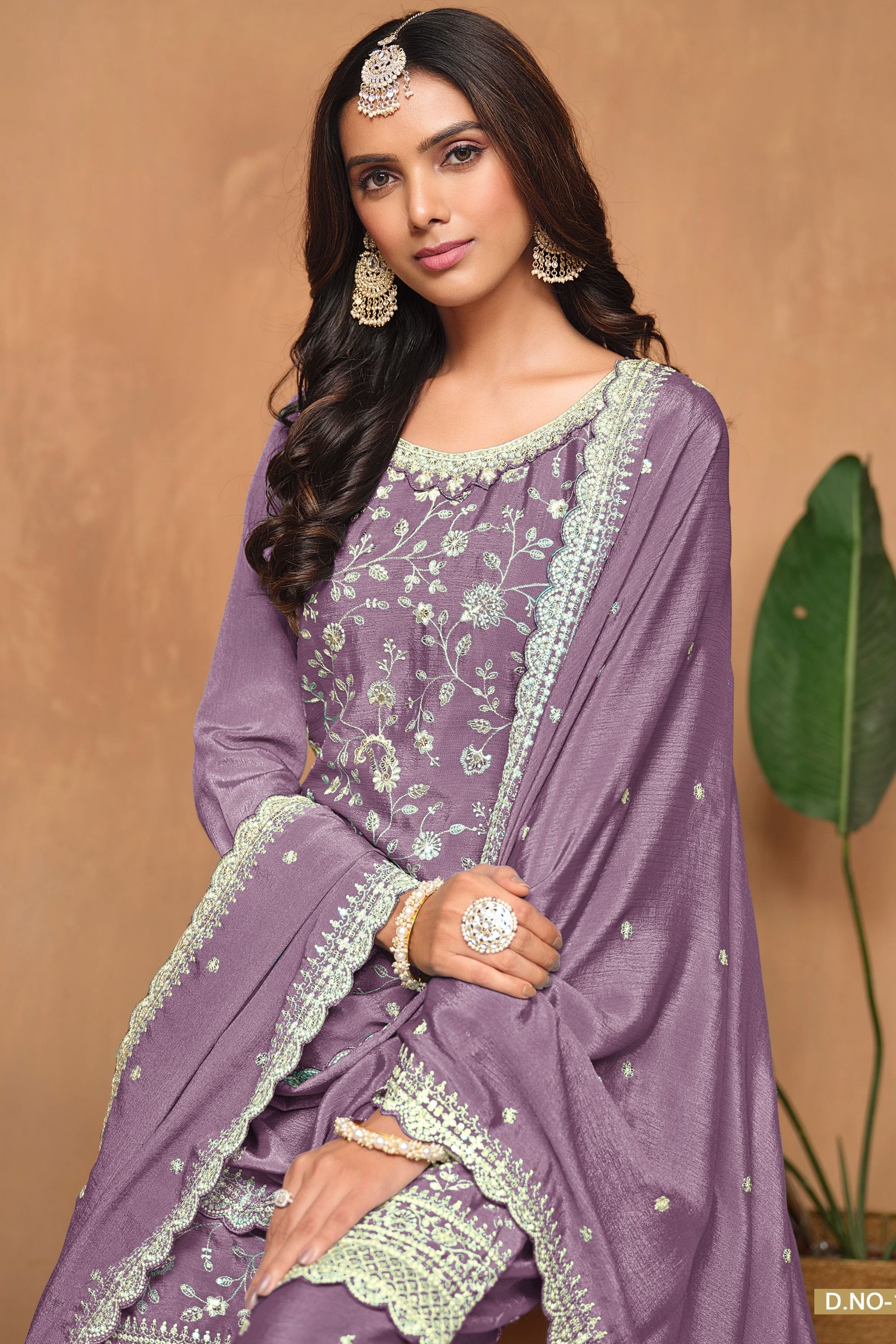 Purple Chinon Silk Palazzo Suit For Indian Festivals & Weddings - Embroidery Work