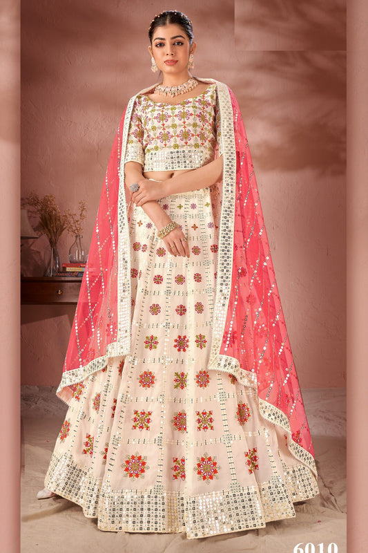 Off White Georgette Lehenga Choli For Indian Festivals & Wedding - Thread Embroidery Work, Sequence Embroidery Work