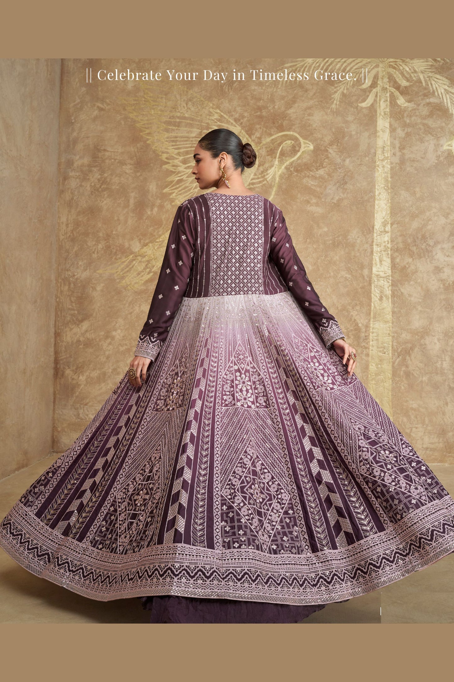 Dark Purple Chinon Silk Lengha For Indian Festivals & Pakistani Weddings Dress - Embroidery Work