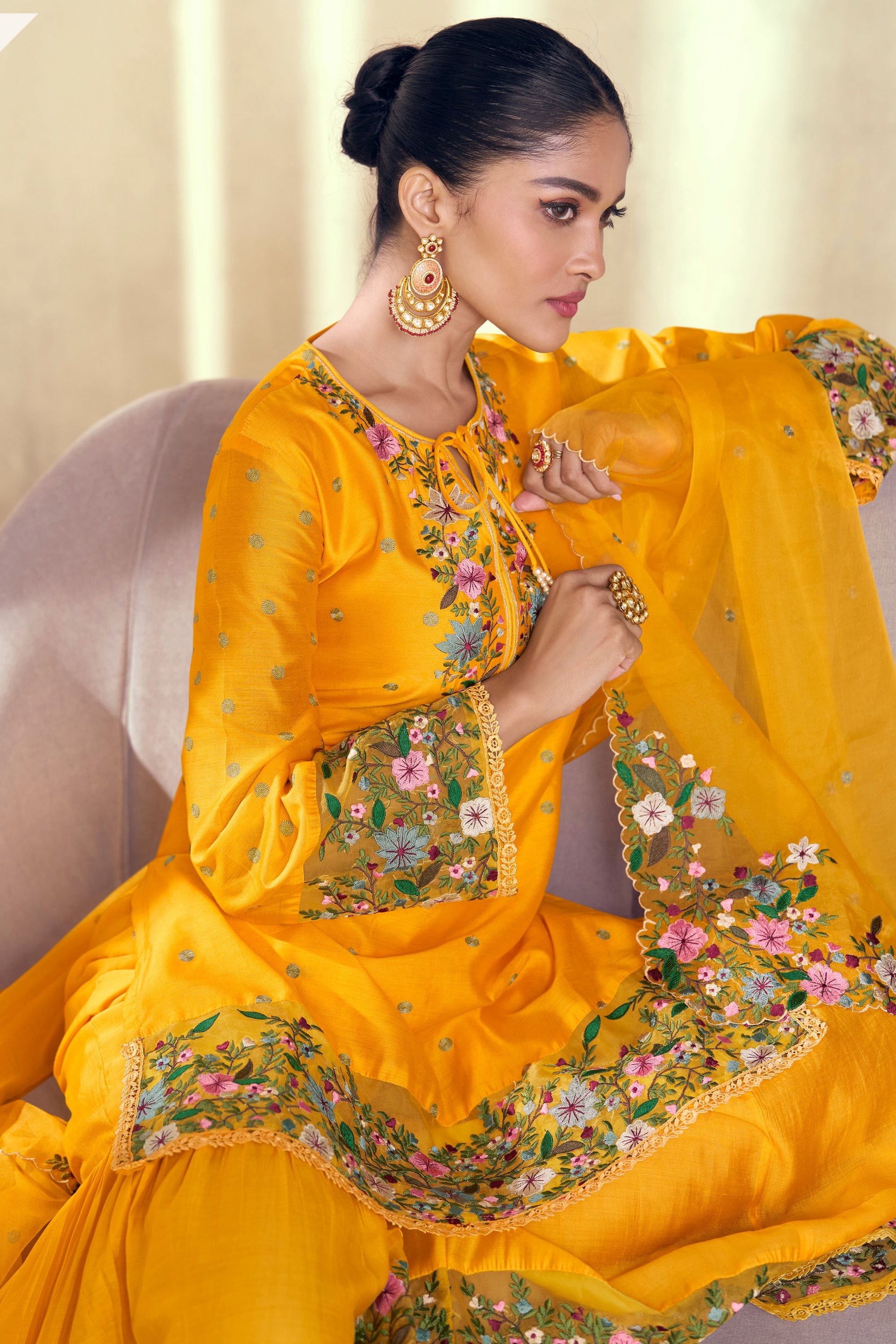 Yellow Real Silk Sharara Kameez for Pakistani & Indian Festival - Embroidery Work