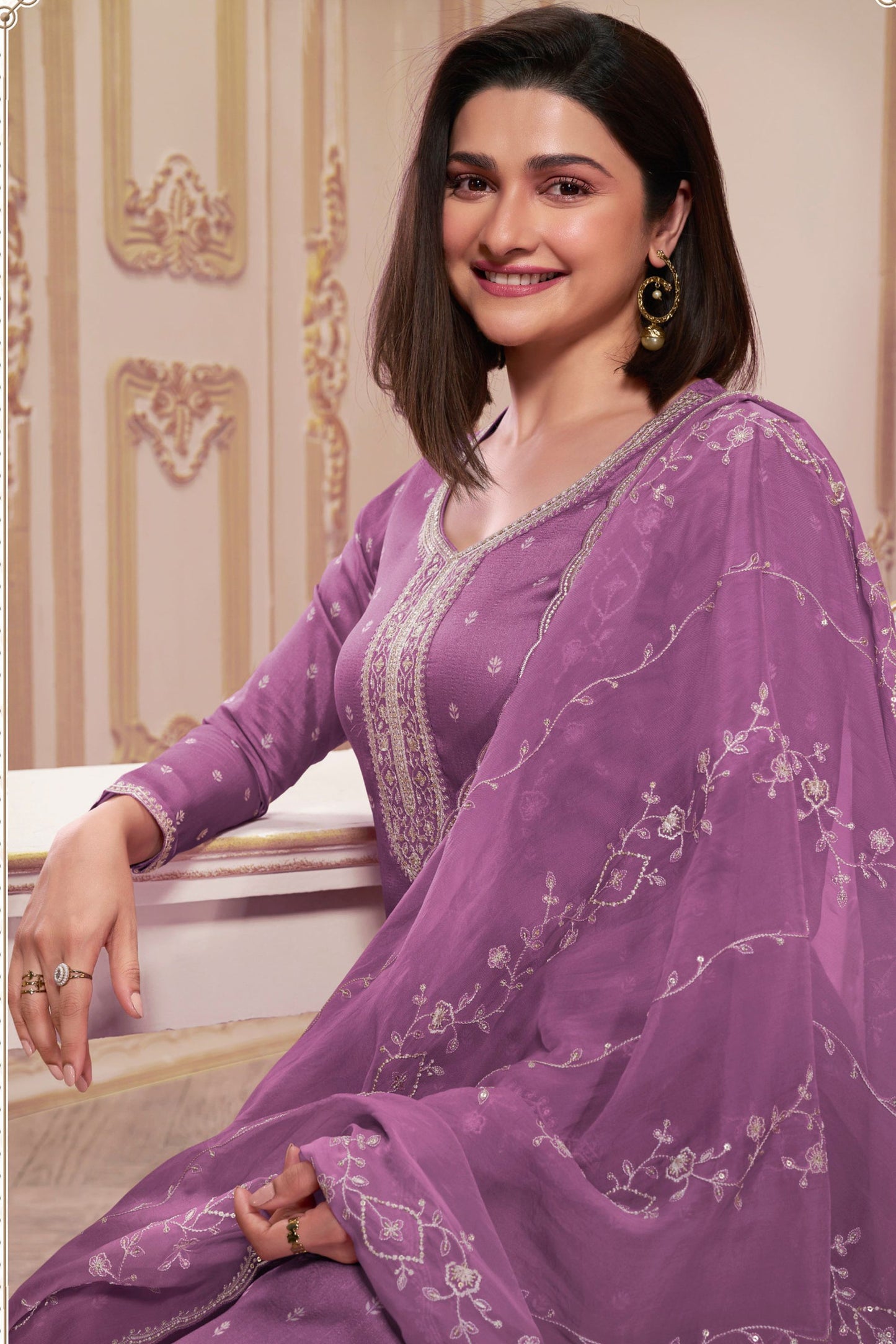 Purple Georgette Silk Kameez with Pant For Indian Suit Festivals & Pakistani Weddings - Embroidery Work