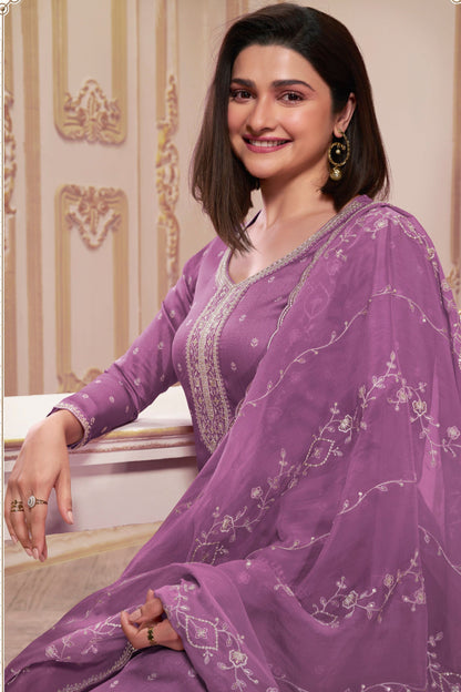 Purple Georgette Silk Kameez with Pant For Indian Suit Festivals & Pakistani Weddings - Embroidery Work