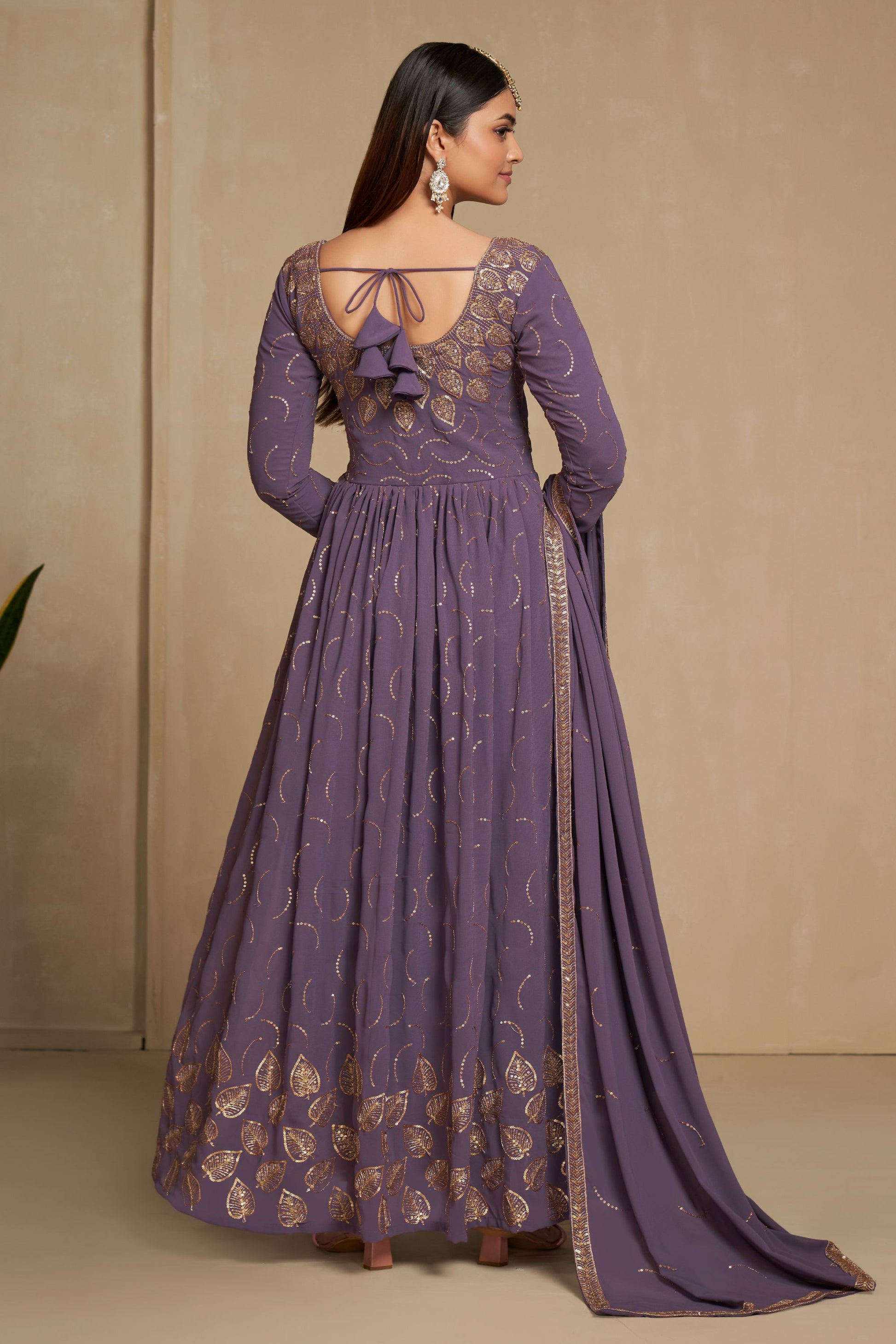 Purple Georgette Full Length Anarkali Gown For Indian Festivals & Weddings - Sequence Embroidery Work, Zari Work