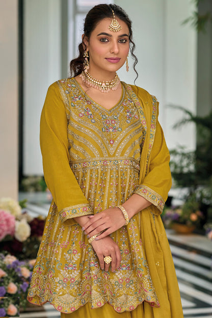 Dark Yellow Chinon Silk Kameez with Plazo For Indian Festivals & Weddings - Embroidery Work