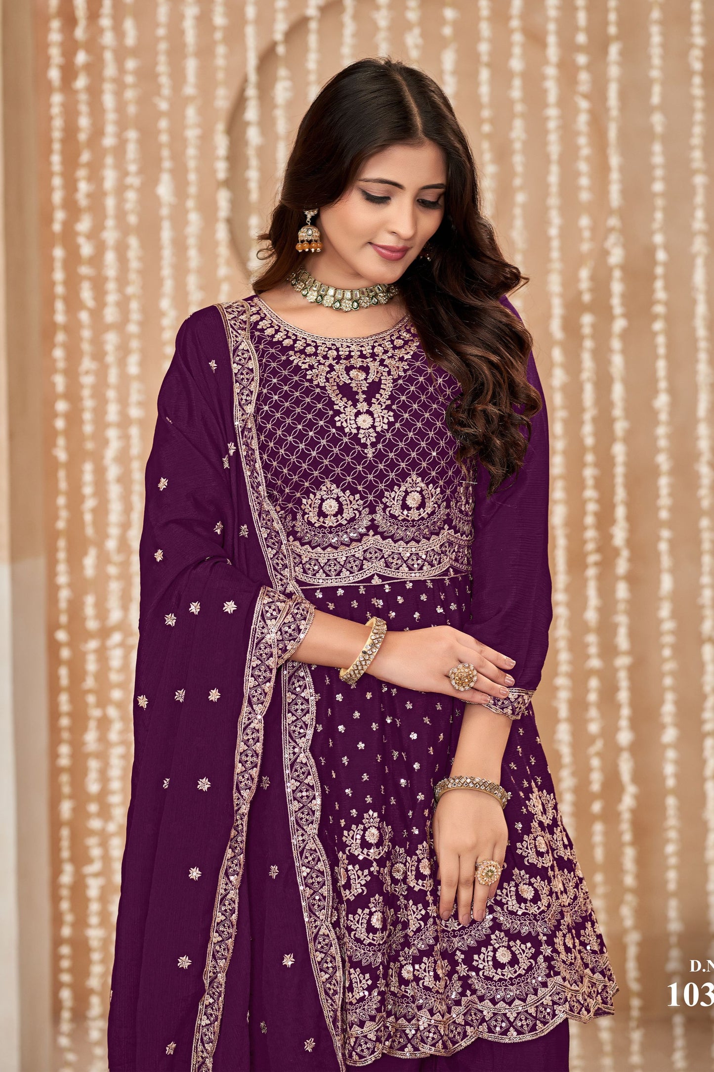 Purple Chinon Silk Palazzo Suit For Indian Festivals & Weddings - Embroidery Work