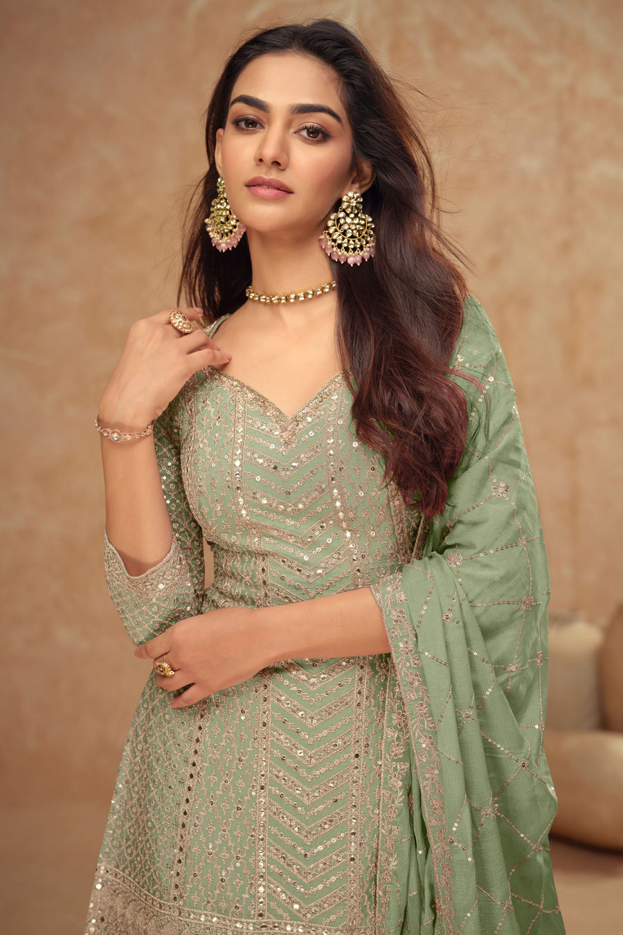Dusty Green Chinon Silk Plazo Suit For Indian Weddings & Pakitani Festival - Embroidery Work