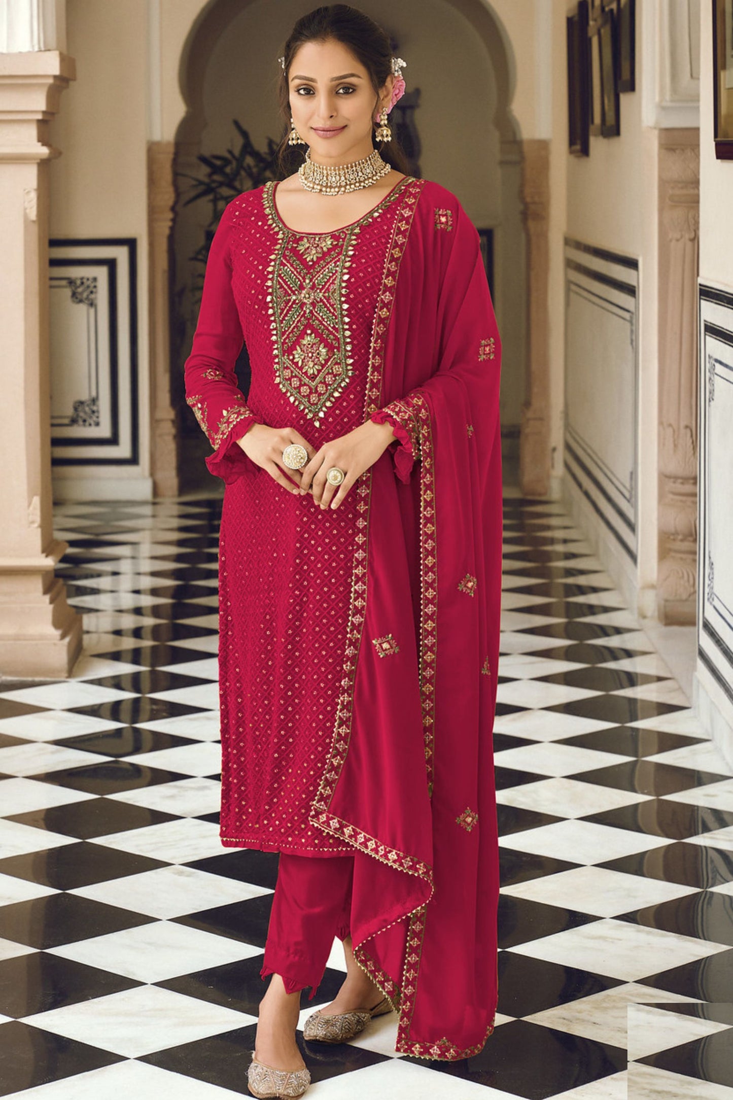 Dark Pink Georgette Kameez with Pant For Indian Suit Festivals & Pakistani Weddings - Embroidery Work