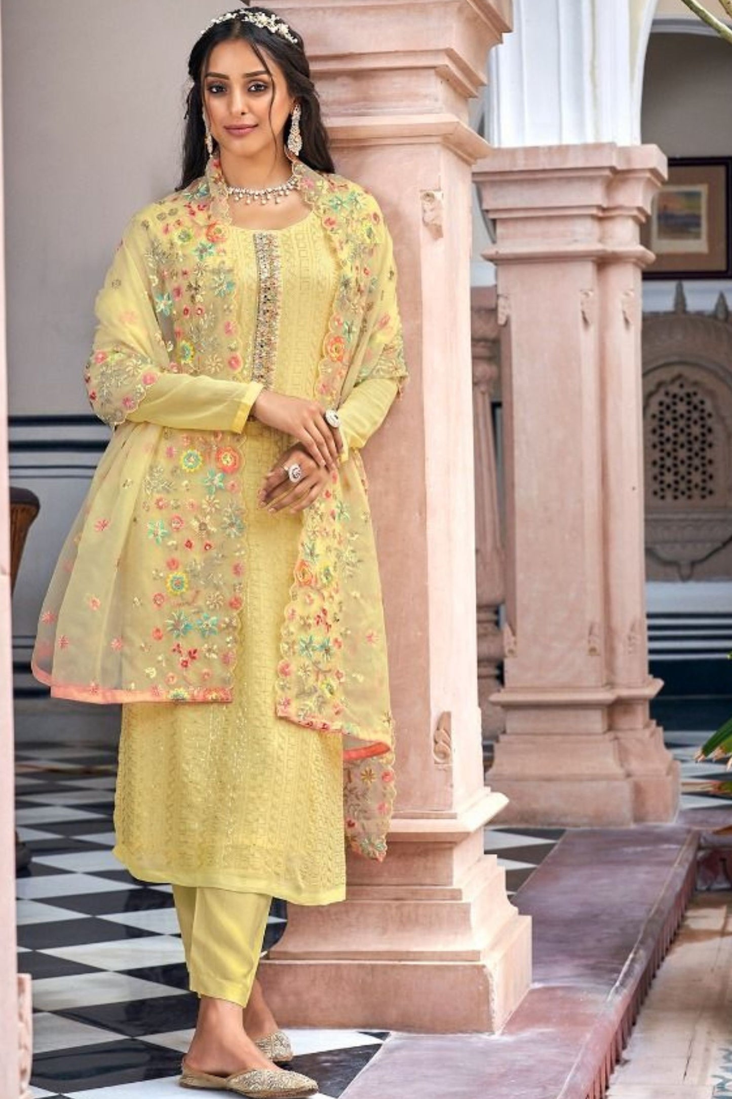 Light Yellow Georgette with Chinon Silk Kameez with Pant For Indian Suit Festivals & Pakistani Weddings - Embroidery Work