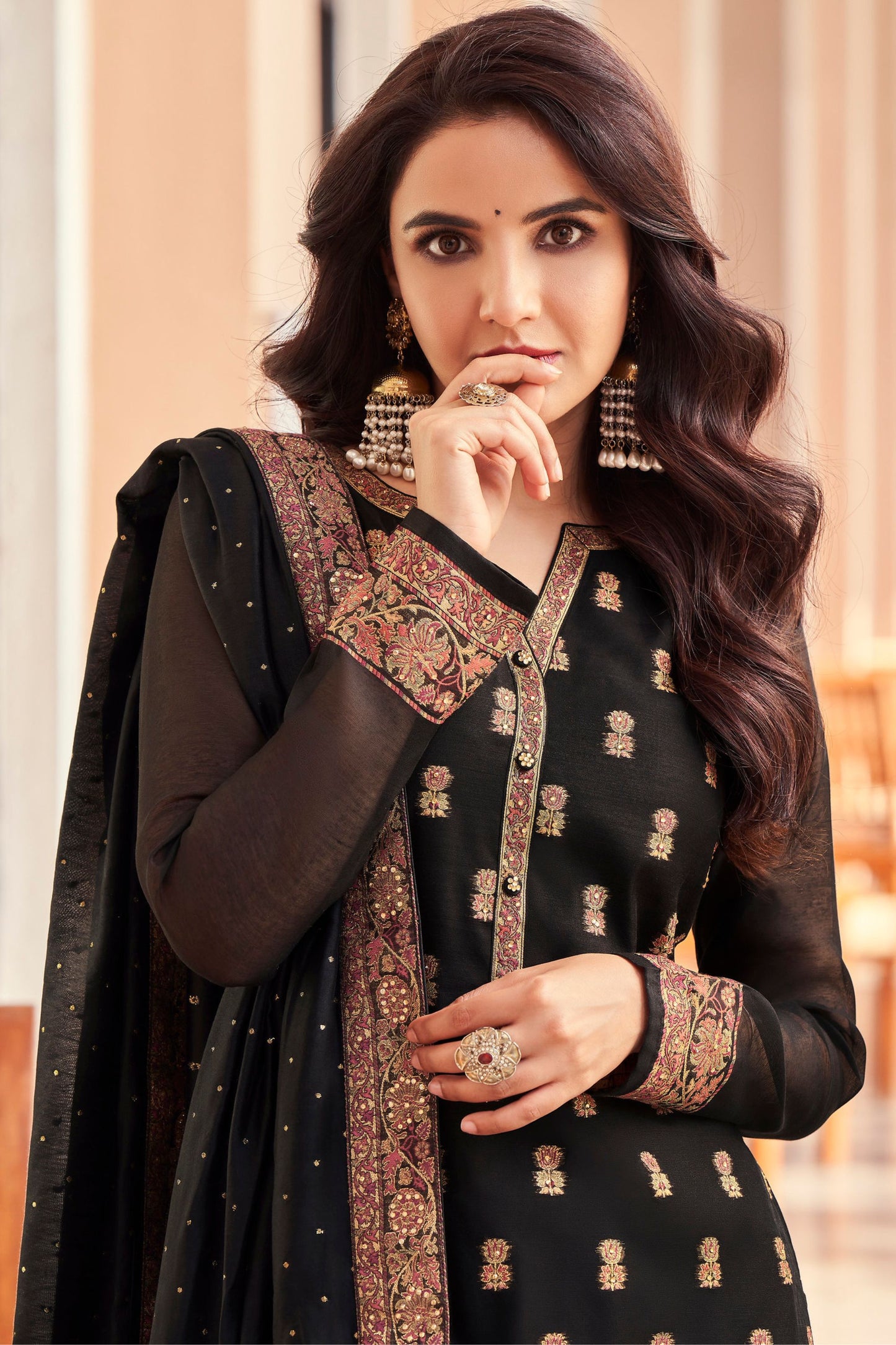 Black Jacquard Silk Kameez With Pant For Indian Suit Festivals & Pakistani Weddings Dress - Embroidery Work