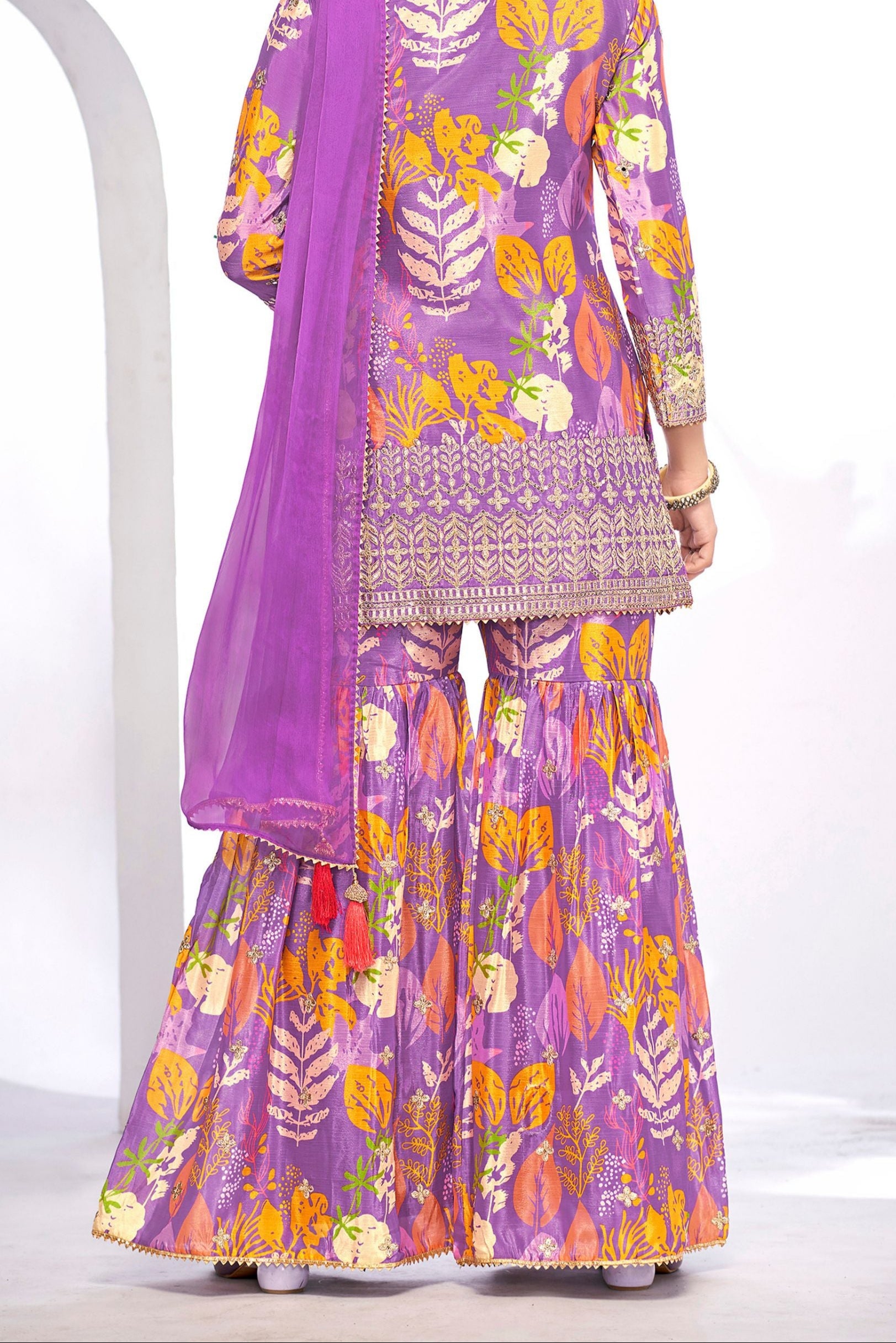 Purple Chinon Silk Sharara Suits Dress for Indian Festival & Pakistani Wedding - Thread & Sequence Embroidery Work, Zari Work, Stone & Mirror Work, Print Work