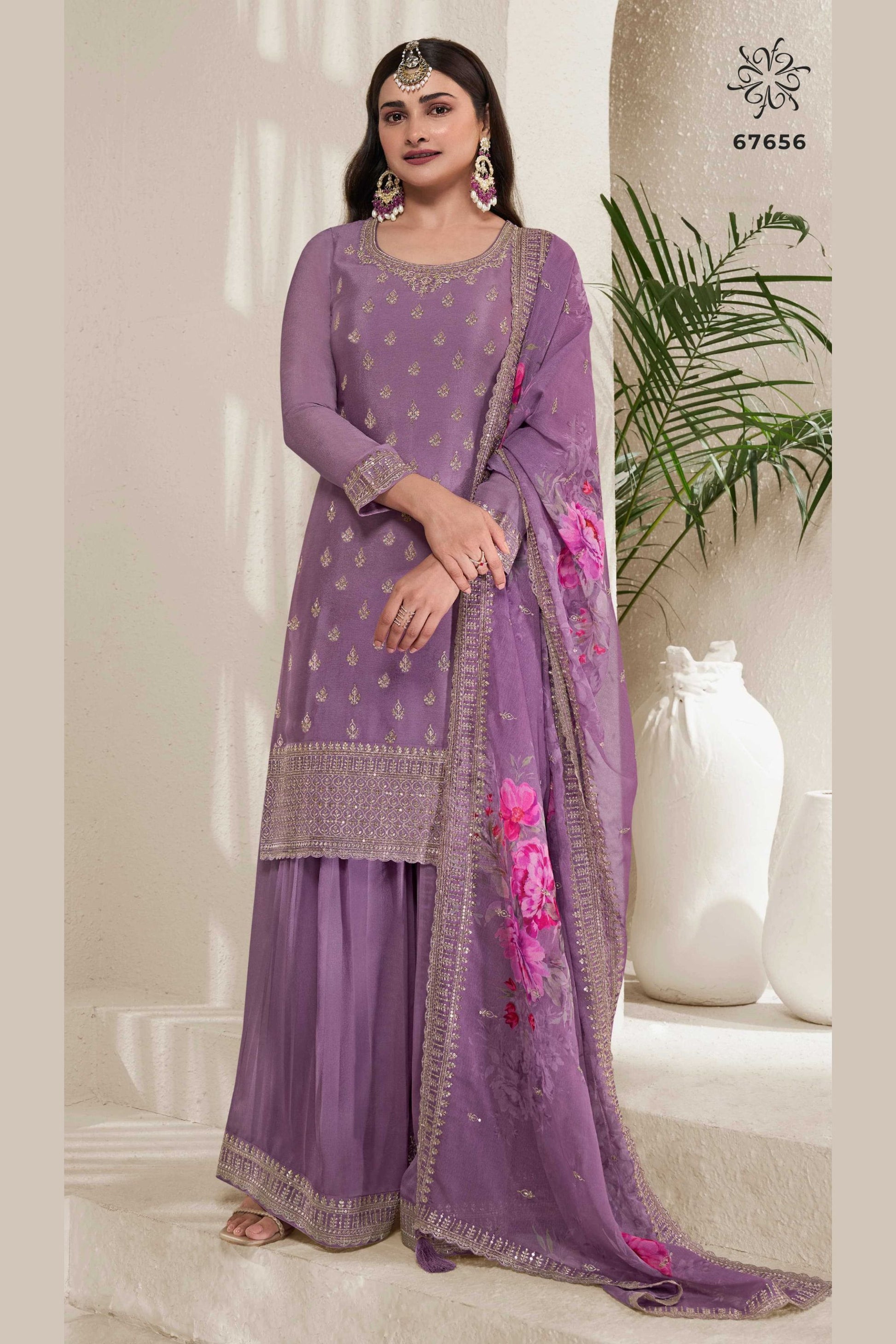 Violet Chinon Silk Palazzo Suit For Indian Festivals & Pakistani Plazo Weddings Dress - Embroidery Work, Print Work