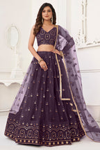 Dark Purple Net Lengha Choli For Indian Festivals & Pakistani Weddings Dress - Embroidery Work
