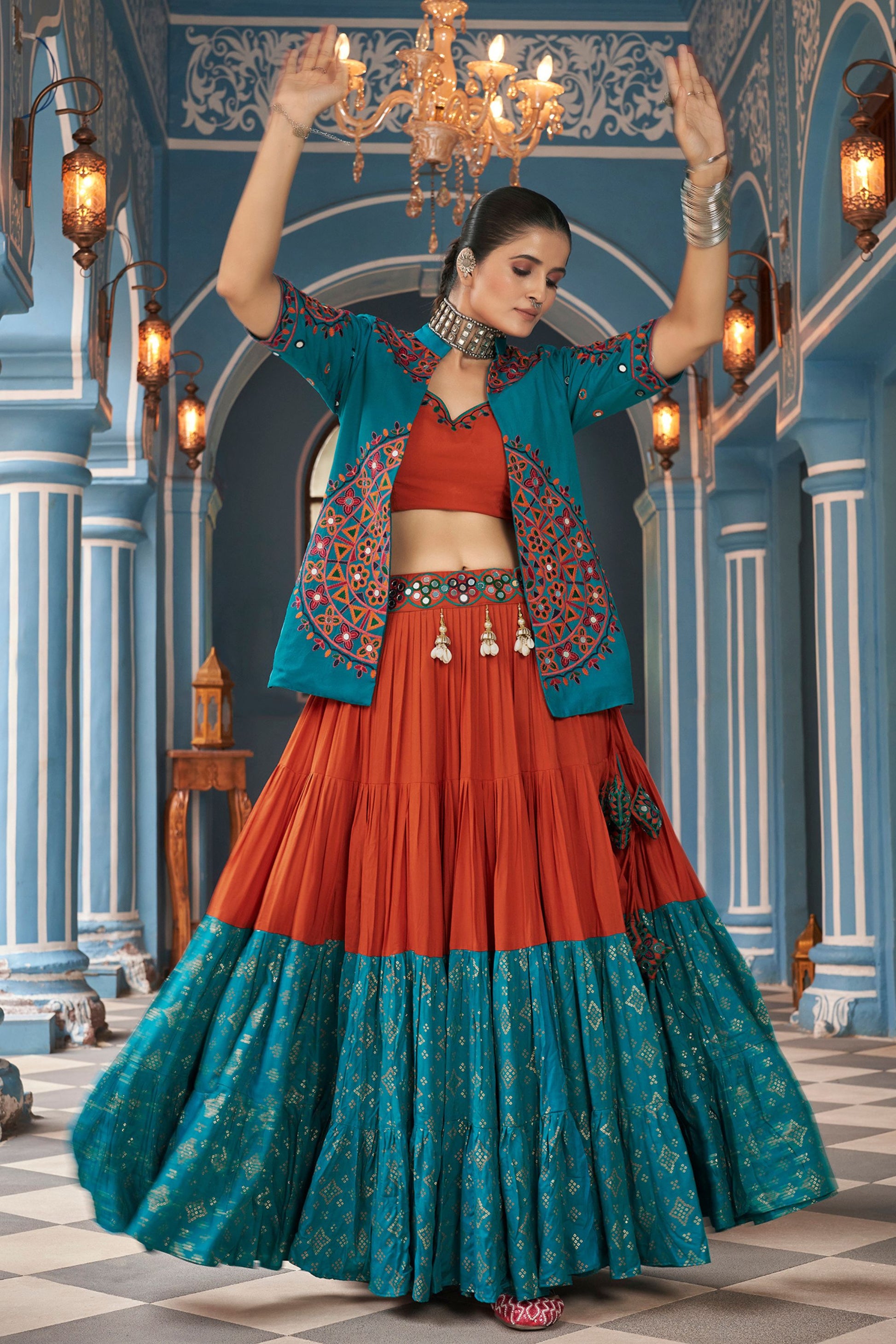 Teal Rayon Chaniya Choli For Navratri Garba Festival 14 Meters Flair - Embroidery Work, Real Mirror Work