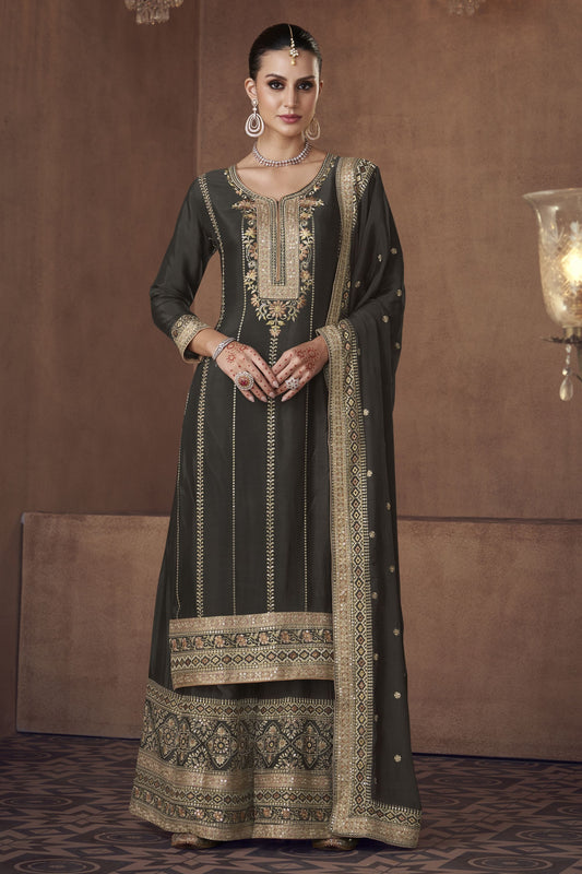 Black Chinon Silk Palazzo Suit For Indian Weddings & Pakitani Festival - Embroidery Work