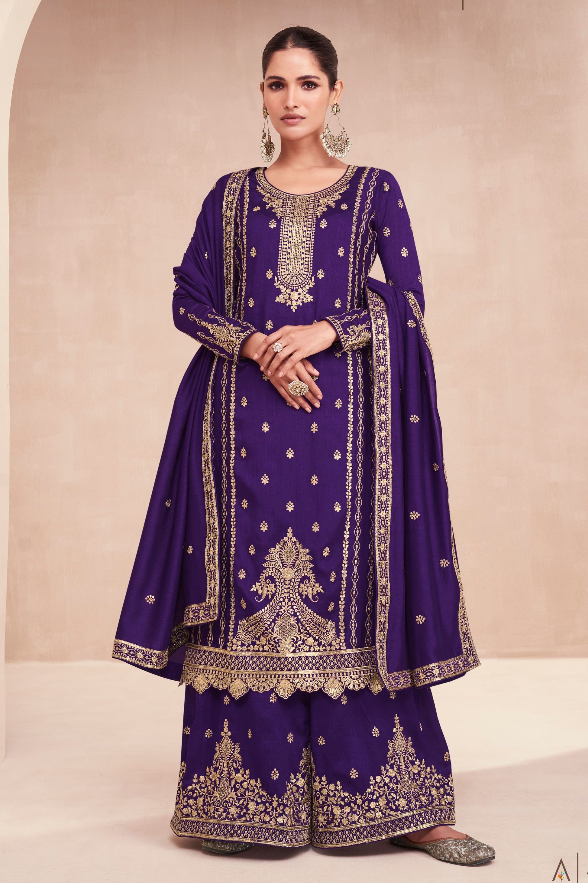 Purple Silk Plazo Kameez Suit For Indian Wedding & Pakitani Festival - Embroidery Work