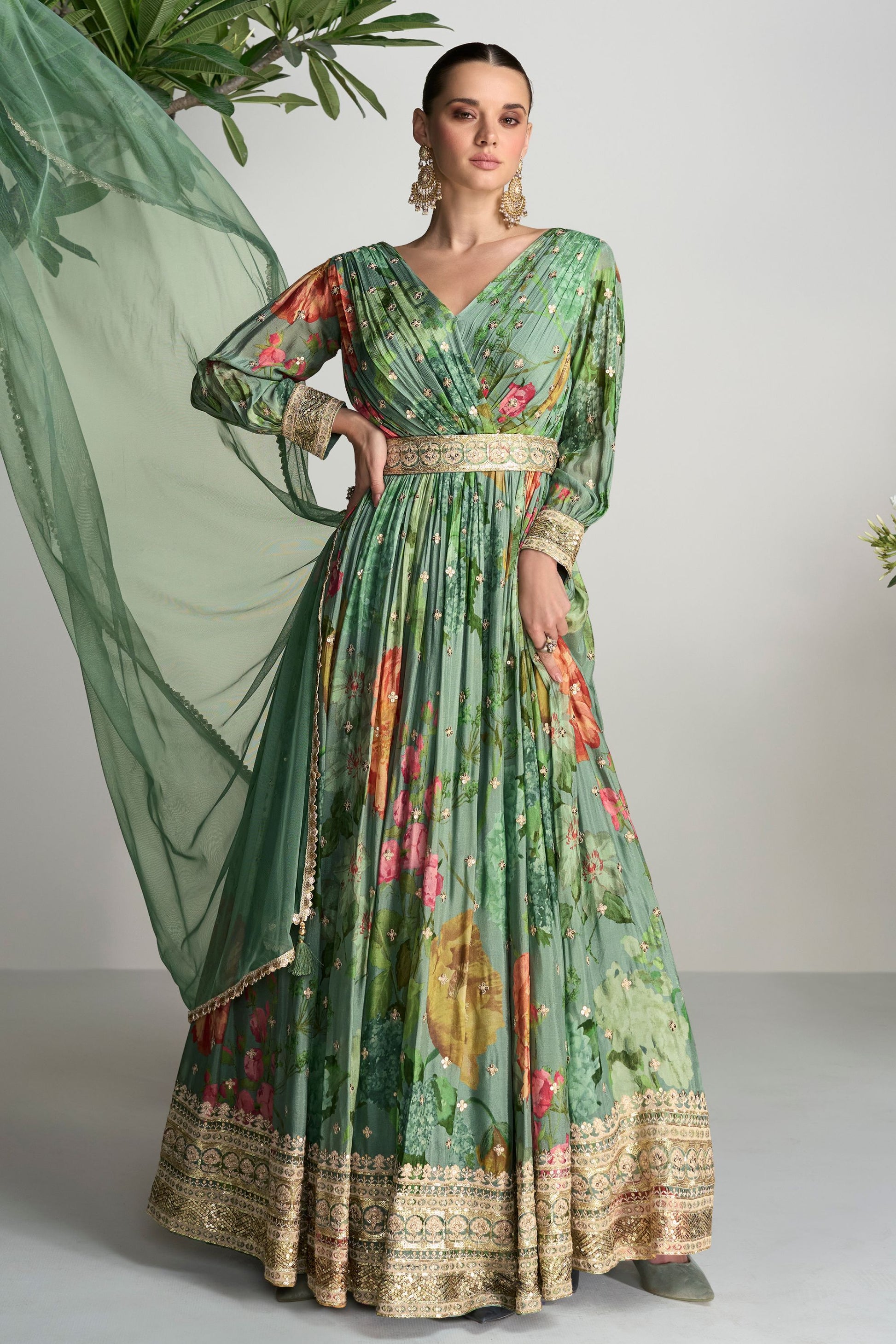 Green Chinon Silk Floor Full Length Flower Floral Printed Anarkali Gown Suit For Indian Wedding & Reception - Sequence & Thread Embroidery Work, Print Work