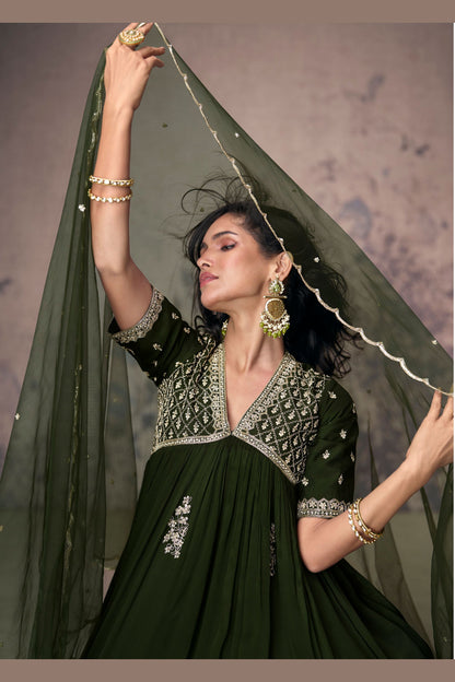 Olive Green Chinon Silk Anarkali Gown For Indian Festivals & Weddings - Embroidery Work